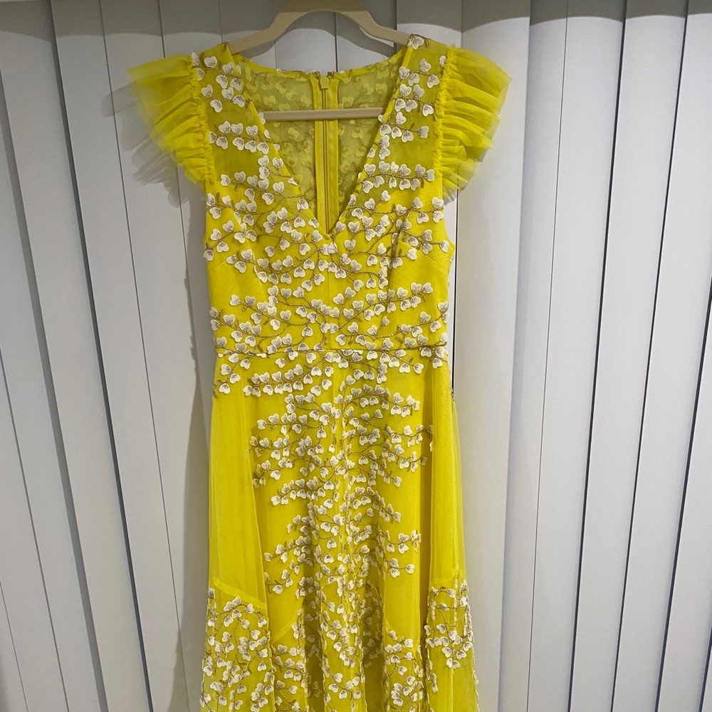 BCBGMAXAZRIA Floral Embroidered V Neck Tulle gown